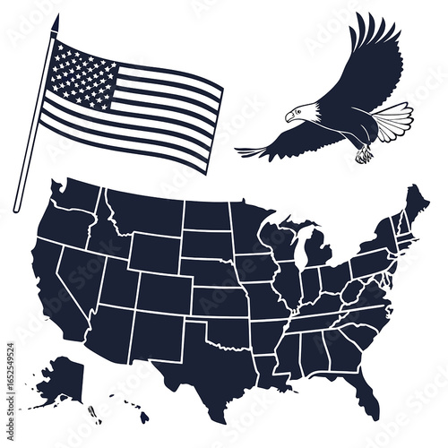 United States Map with State Borders, American Flag, and Eagle – Monochrome Vector