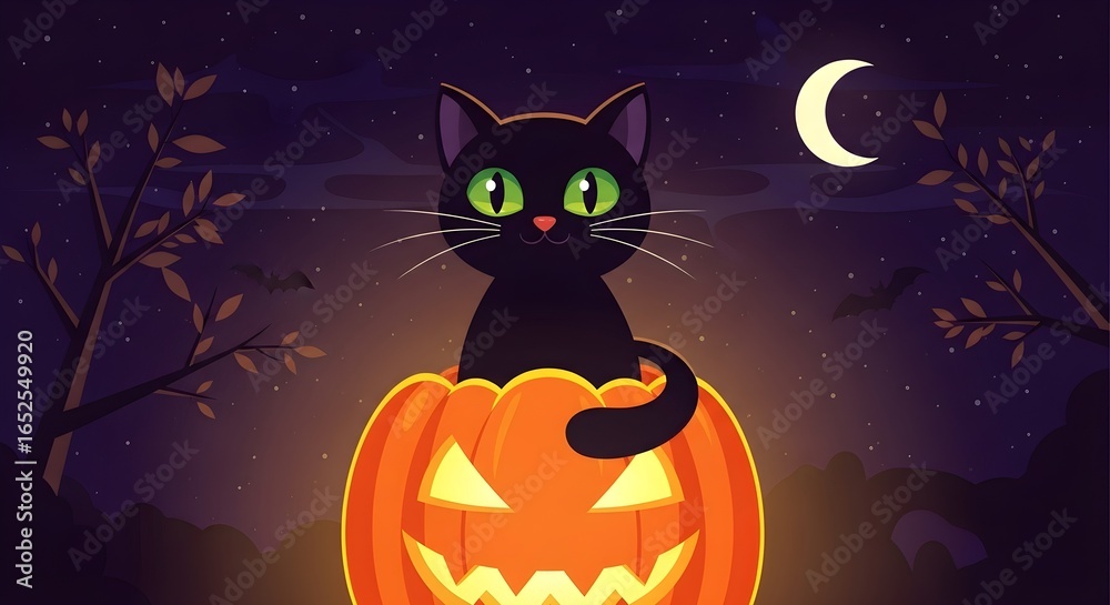 A black cat with green eyes sits in a glowing jack o' lantern under a crescent moon and starry night sky