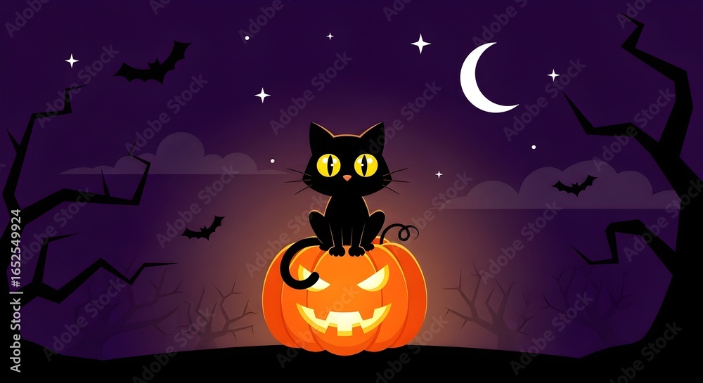 Black cat sitting on glowing jack o' lantern with crescent moon and bats Black cat sitting on glowing jack o' lantern with crescent moon and bats