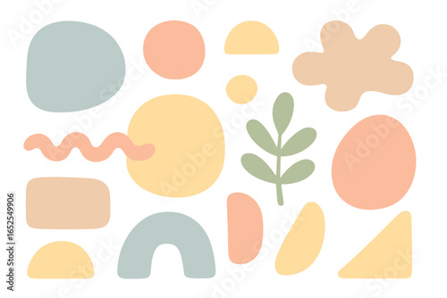 Set of abstract hand-drawn shapes. Modern boho collection with geometric and organic forms. Pastel color blobs, leaf, rainbow for contemporary design. Vector illustration.