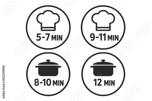 Cooking time instructions vector icon set. Recommended preparation time in minutes for food packaging. Chef hat and pan symbols for boiling. Flat design label stamp.