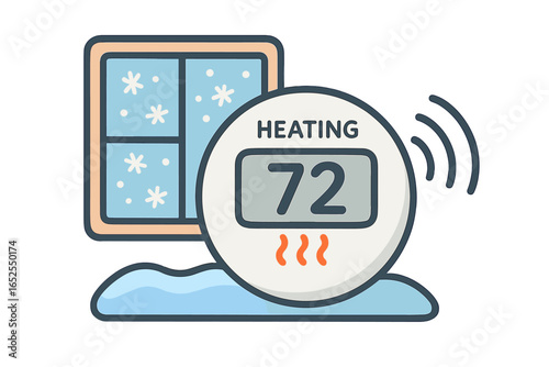 Smart thermostat with heating on a cold winter day. Home climate control, energy saving concept. Temperature regulation icon with snow outside the window. Vector cartoon.