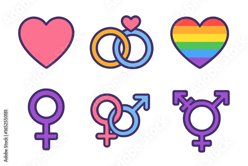 Gender symbols icon set. Love, relationship, lgbtq concept. Rainbow heart, wedding rings, male, female, transgender signs. Vector illustration for pride month, equality.