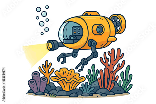 Yellow submarine robot exploring coral reef. Underwater vehicle with manipulator arms. Deep sea research bathyscaphe. Marine biology discovery. Ocean exploration technology vector.