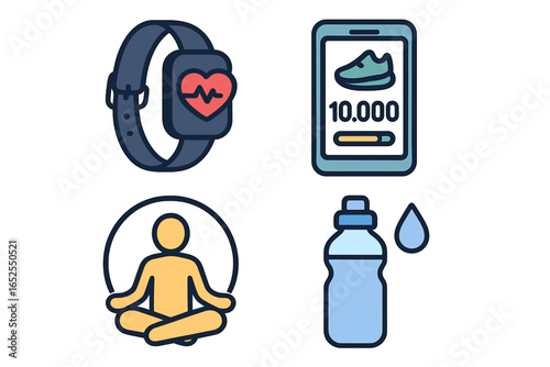Healthy lifestyle icon set. Fitness tracker, smartwatch with heart rate, pedometer app on phone, yoga meditation and water bottle for hydration. Sport and wellness concept.