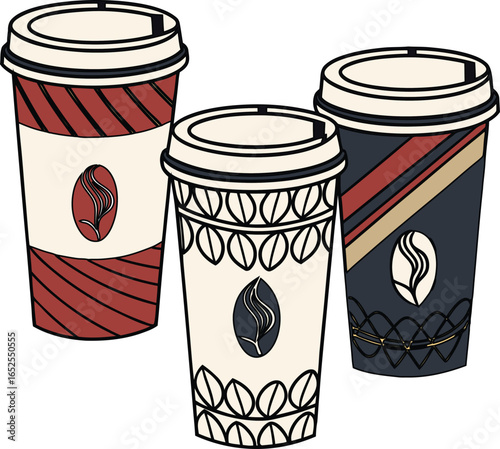 Coffee Cups Trio: A stylized composition of three artistically designed takeaway coffee cups, each adorned with unique patterns, subtly hinting at the rich aromas and experiences within.