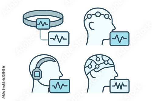 Brainwave monitoring icon set. EEG, electroencephalography, and neurofeedback concepts. Brain computer interface (BCI) technology for mental health and neuroscience research.