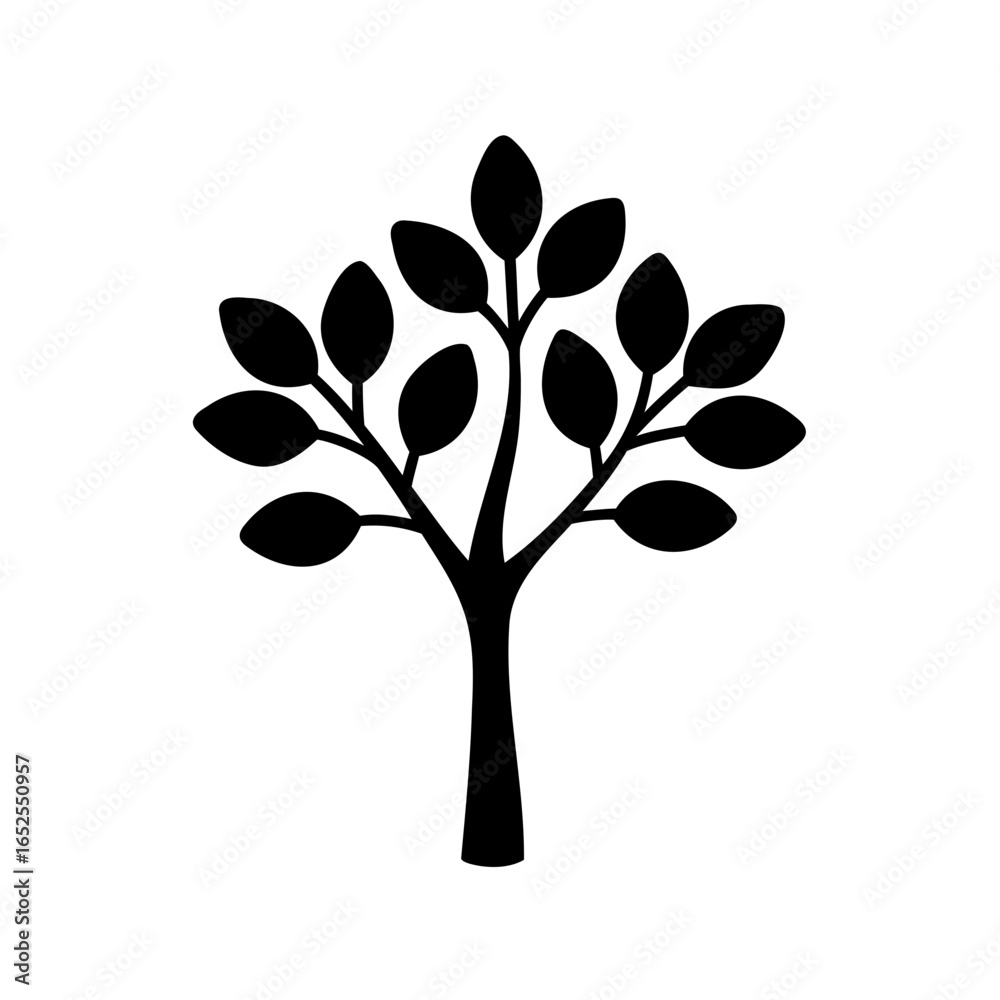 Obraz premium Black silhouette icon of leafy tree-Minimal black and white illustration of a tree with leaves, representing nature, ecology, growth, environment, sustainability, and outdoor life.