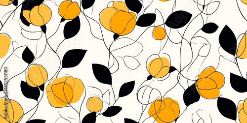 Yellow and black floral pattern with abstract flowers and leaves on white Keywords: floral