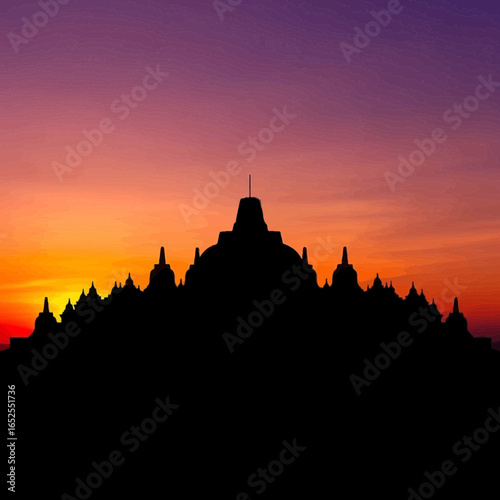 Dramatic Silhouette Borobudur Temple with Vibrant Sunset Sky Landscape