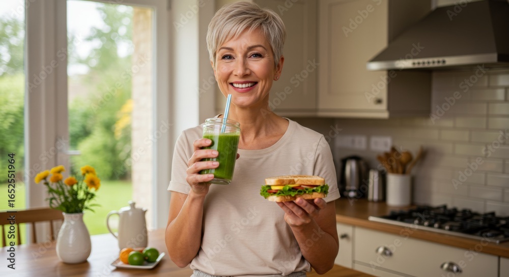 Smiling woman holding smoothie and sandwich Smiling woman holding smoothie and sandwich