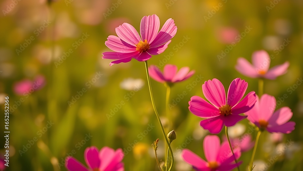 Fototapeta premium A field of bright cosmos flowers bathed in warm sunlight, creating a dreamy and vibrant scene.