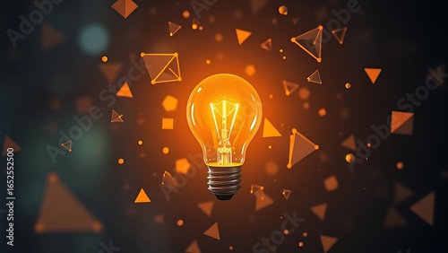 Innovative concept with a lightbulb and floating geometric shapes in atmospheric lighting.