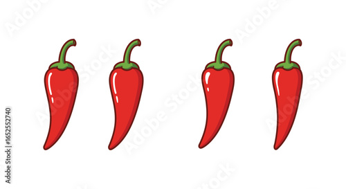 Four cartoon red chili peppers in a row on a white background