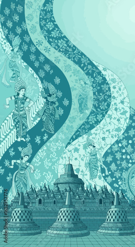 Detailed Artistic Illustration of Borobudur Temple and Traditional Javanese Dancers Heritage