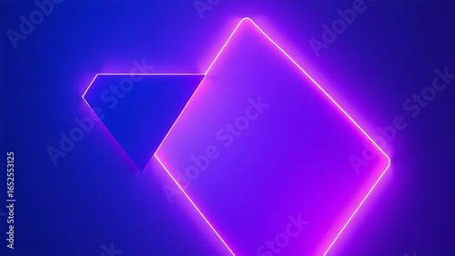 Futuristic composition of glowing geometric shapes in blue and purple gradients.