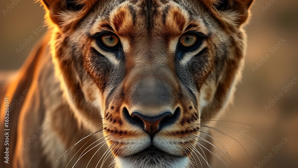 Obraz premium Intense close-up of a lioness with golden savanna light accentuating her detailed fur and piercing gaze.