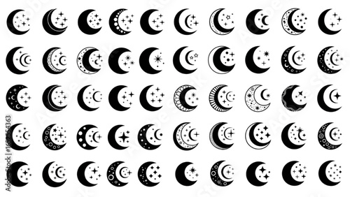 Crescent Moon Icon Collection – Vector Set with Varied Crescent Designs, Stars, and Decorative Patterns – Black Silhouette for Celestial, Spiritual, and Astronomical Projects

