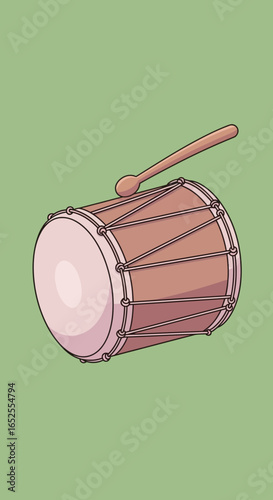 Cartoon Illustration of a Traditional Brown Drum Instrument and Drumstick