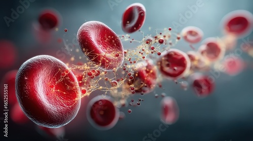 Medical illustration of red blood cells in the bloodstream with iron molecules