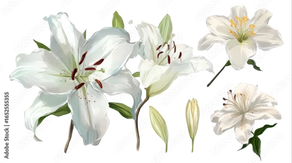 Fototapeta premium white lilies, branches with flowers and leaves on a white background