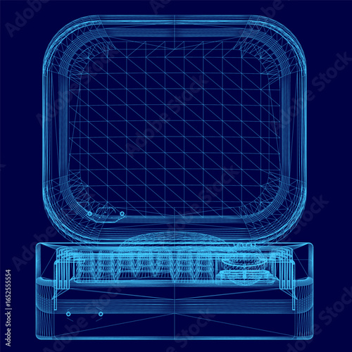 A retro computer with a mechanical keyboard sits on a dark blue background, rendered in a wireframe style for a striking 3D effect. The minimalist design features a vintage CRT monitor, glowing.