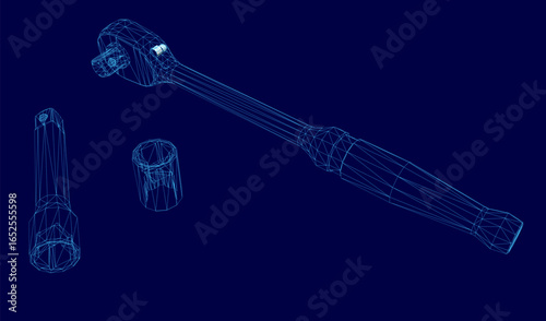 A detailed 3D wireframe ratchet wrench with a long cylindrical handle and a head sits on a blue background, surrounded by smaller tools