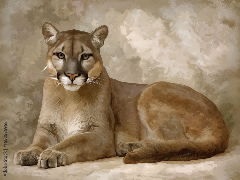 Naklejka premium Realistic illustration of a majestic mountain lion resting gracefully on a soft background, showcasing its powerful physique and captivating gaze in a serene environment