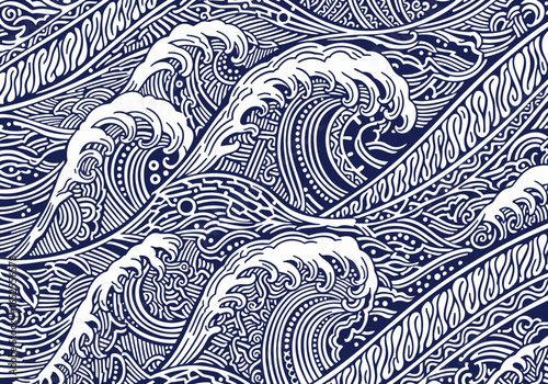 Detailed Handdrawn Ocean Wave Seamless Pattern in Indigo Color Scheme