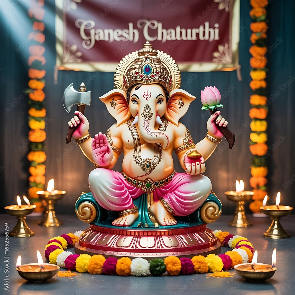 Fototapeta premium Lord Ganpati on Ganesh Chaturthi background. abstract vector illustration design background. Ganesh Chaturthi social media banner design with Lord Ganesh Vector.