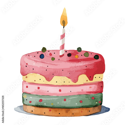 A Colorful Layered Birthday Cake with a Single Candle