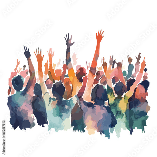 Abstract Crowd with Arms Raised in Celebration Colorful Watercolor Style