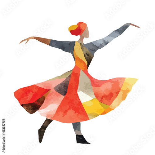 Abstract Watercolor Dancer with Red Headdress and Flowing Dress in Motion