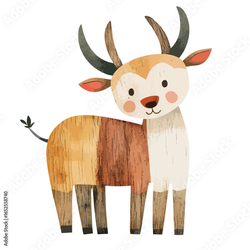 Adorable Cartoon Deer with Wooden Texture and Playful Expression