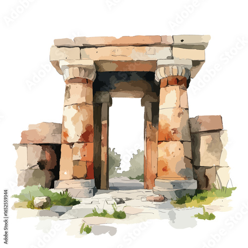 Ancient Stone Archway with Doric Columns and Distant Greenery