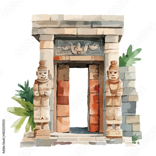 Ancient Stone Gateway with Guardian Statues and Carved Lintel Detail