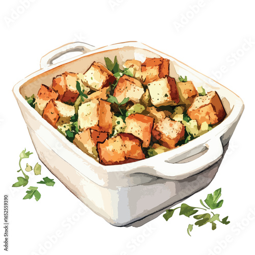 Appetizing Baked Croutons and Greens in a White Ceramic Dish