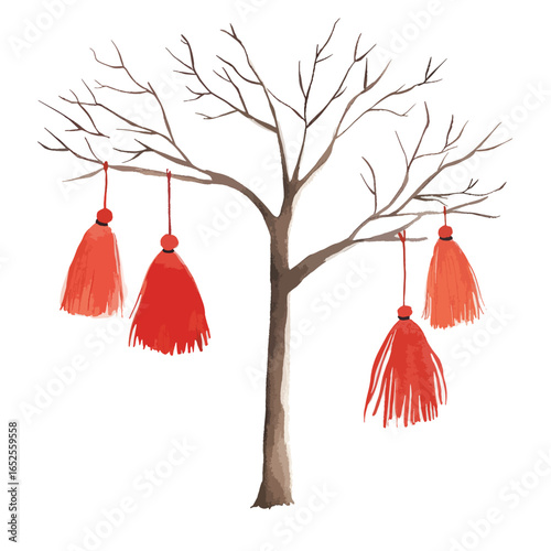 Bare Tree Adorned with Four Vibrant Red Tassels Watercolor Style Illustration