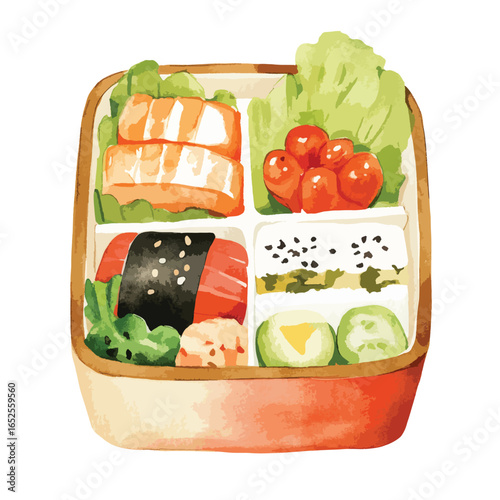 Bento Box with Salmon Sushi Salad Tomatoes Tofu and Cucumber Slices
