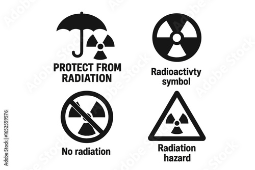 Set of radiation hazard symbols. Radioactive warning signs collection. Packaging and cargo safety icons. Protect from radiation, no radiation, radioactivity vector elements.