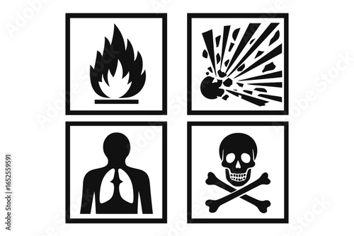 A set of GHS hazard pictograms. Vector symbols for flammable, explosive, health hazard, and acute toxicity. Safety warning signs for packaging, shipping and dangerous goods.