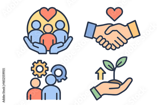 Set of icons for community support, partnership, and sustainable growth. Symbols of collaboration, teamwork, and social responsibility for business ethics and ESG concepts.