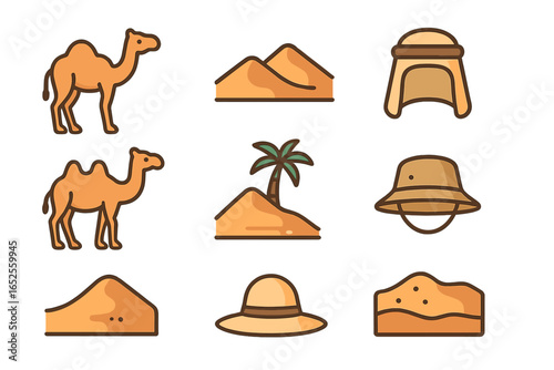 Desert icon set with camel, sand dune, oasis palm tree, and sun hats. Vector cartoon illustration for Arabia, Egypt travel, and safari adventure. Minimalist flat design.