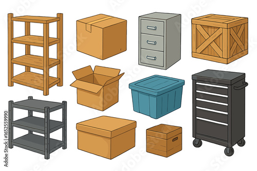 Storage container set vector cartoon illustration. Moving and organization concept with cardboard box, shelves, file cabinet, crate, bin, and tool chest for warehouse.