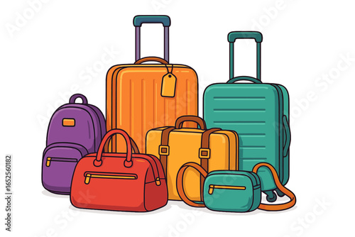 Colorful assortment of travel luggage. Vector illustration of suitcases, bags, and backpack for a journey. Vacation packing concept. Tourism baggage set isolated on white.