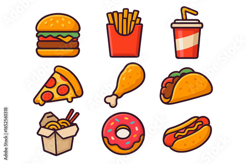 Fast food icons set. Vector cartoon collection of junk food items like burger, pizza, fries, hot dog, soda, taco. Takeout meal and delivery graphic symbols for modern design.
