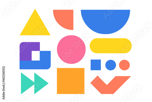 Colorful geometric shapes background. Modern trendy minimalist figures. Abstract simple forms pattern. Collection of basic elements for contemporary design, poster, print, web.