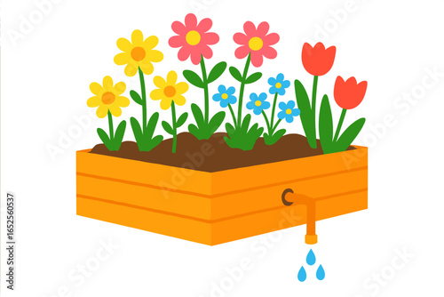 Raised garden bed with colorful flowers. Gardening and planting concept. Vector cartoon illustration with water drainage system. Spring or summer bloom in a wooden planter box.