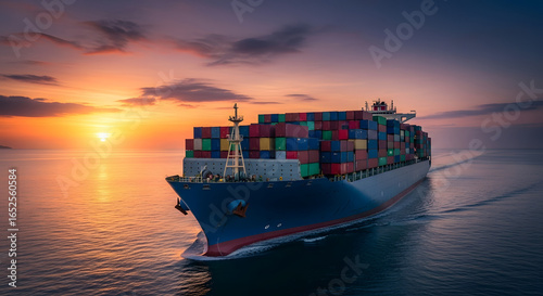 Container Ship at Sea During Sunset: Global Trade and Logistics