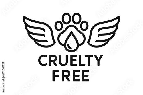 Cruelty free label for product packaging. Not tested on animals symbol. Vegan cosmetics icon with paw print, wings and drop. Animal rights protection vector logo.